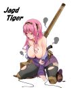  1girl bare_shoulders breasts cleavage closed_eyes highres jagdtiger kneeling large_breasts long_hair miki_purasu original pantyhose personification pink_hair simple_background solo torn_clothes torn_pantyhose white_background world_of_tanks 