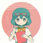  1girl :3 ayu_(mog) blue_hair blush bust glasses_on_head inazuma_eleven inazuma_eleven_(series) looking_at_viewer lowres otonashi_haruna pencil raimon raimon_school_uniform school_uniform short_hair solo 