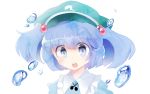  1girl blue_eyes blue_hair bubble bust collared_shirt dress hair_bobbles hair_ornament hat kawashiro_nitori looking_at_viewer open_mouth shirt short_twintails simple_background solo touhou twintails water water_drop white_background 