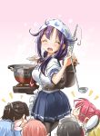  6+girls apron black_hair blonde_hair blue_hair blush blush_stickers brown_hair closed_eyes cooking goggles goggles_on_head hat headwear i-168_(kantai_collection) i-19_(kantai_collection) i-401_(kantai_collection) i-58_(kantai_collection) i-8_(kantai_collection) kantai_collection ladle long_hair machinery maru-yu_(kantai_collection) multiple_girls open_mouth pink_hair purple_hair sogabe_toshinori taigei_(kantai_collection) 