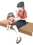  2girls black_eyes black_hair blush brown_eyes brown_hair houshou_(kantai_collection) japanese_clothes kantai_collection kisetsu long_hair multiple_girls needle open_mouth ponytail ryuujou_(kantai_collection) sewing short_hair sitting skirt smile teruterubouzu twintails visor_cap younger 