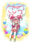  1boy balloon blush boots braid crossdressinging hair_ornament heart highres leona_west looking_at_viewer male mole mole_under_eye open_mouth pink_eyes pink_hair puri_para ribbon short_hair sitting skirt smile solo swing trap uniform wings 