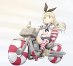  1girl anchor_hair_ornament black_panties blonde_hair dated elbow_gloves flat_gaze gloves highleg highleg_panties innertube kantai_collection long_hair microskirt midriff motor_vehicle motorcycle nagian navel panties rensouhou-chan school_uniform serafuku shimakaze_(kantai_collection) sitting skirt solo striped striped_legwear thigh-highs underwear vehicle white_gloves yellow_eyes 