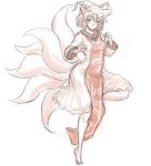  1girl animal_ears barefoot dress fox_ears fox_tail hat hat_with_ears highres kuro_suto_sukii light_smile long_sleeves looking_at_viewer monochrome multiple_tails sketch solo standing_on_one_leg tabard tail touhou white_dress yakumo_ran 
