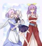  3girls bow closed_eyes crossed_arms hair_bow hat head_wings horns hug letty_whiterock long_hair multicolored_hair multiple_girls one_eye_closed open_mouth ponytail purple_hair ribbon scarf shamisen_(syami_sen) short_hair silver_hair smile tokiko_(touhou) touhou two-tone_hair watatsuki_no_yorihime wings yellow_eyes 