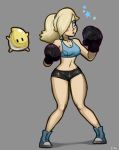  1girl blonde_hair blue_eyes blush boxing_gloves breasts hair_over_one_eye long_hair luma super_mario_bros. midriff navel penelope_and_me rosalina_(mario) shoes short_shorts shorts sneakers solo sports_bra star starry_sky_print super_mario_bros. super_mario_galaxy wii_fit_trainer wii_fit_trainer_(cosplay) 