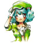  1girl :3 ;3 aqua_eyes aqua_hair arm_up blue_hair blush blush_stickers bust collarbone engineer gloves hair_bobbles hair_ornament hand_on_headwear hands_up hat highres kawashiro_nitori key looking_at_viewer mini_kibou one_eye_closed short_hair short_sleeves simple_background smile solo touhou traditional_media twintails white_background white_gloves winking wrench 