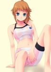  1girl bare_shoulders bike_shorts blue_eyes blush breasts brown_hair gundam gundam_build_fighters gundam_build_fighters_try highres hoshino_fumina kirishima_satoshi large_breasts looking_at_viewer midriff navel ponytail sitting smile solo sports_bra 