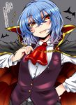  1girl alternate_costume bat_wings blue_hair cape fangs halloween highres looking_at_viewer open_mouth red_eyes remilia_scarlet roki_(hirokix) short_hair smile solo touhou translation_request wings 