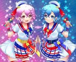  1boy 1girl blue_hair blush braid dorothy_west dress hands_together hat kannagi_kaname leona_west looking_at_viewer male mole mole_under_eye open_mouth pink_eyes pink_hair puri_para short_hair smile star thighhighs trap violet_eyes wand 