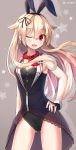  1girl ;d animal_ears blonde_hair bunnysuit fake_animal_ears fang fingerless_gloves gloves hair_flaps hair_ornament hair_ribbon hairclip kantai_collection lace-trimmed_dress leotard long_hair looking_at_viewer messy_hair nikkunemu one_eye_closed open_mouth rabbit_ears red_eyes ribbon sleeveless smile solo star starry_background twitter_username yuudachi_(kantai_collection) 