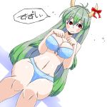  1girl aono3 blue_bra blue_panties blush bow bra breasts cleavage collarbone dutch_angle ex-keine green_hair horns kamishirasawa_keine long_hair navel panties red_eyes simple_background sitting solo touhou translated underwear underwear_only very_long_hair white_background 