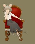  1girl animal_ears blush brown_eyes chin_rest flat_chest grey_background grey_hair looking_at_viewer morishige mouse_ears mouse_tail nazrin short_hair sitting skirt smile solo tail throne touhou 