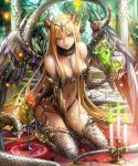  1girl blonde_hair breasts candle claws cleavage forehead_jewel highres holding horns jewelry komecchi long_hair looking_at_viewer navel necklace original parted_lips pointy_ears scales sitting skull smile snake solo violet_eyes 