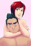  1boy 1girl black_hair blue_eyes blush breast_press choke_hold crossover dead_or_alive dead_or_alive_5 drawfag eyebrows highres lips little_mac mila_(doa) multicolored_hair nude punch-out!! redhead short_hair smile strangling thick_eyebrows two-tone_hair 