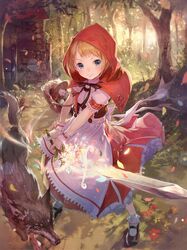  1girl basket blonde_hair blue_eyes blush bobby_socks flower forest highres hood house looking_at_viewer mary_janes nature original shoes short_hair shouin skirt smile socks solo sword tree weapon wolf wrist_cuffs 