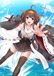  1girl :d ahoge brown_hair dated detached_sleeves go-it grey_eyers hairband headgear kantai_collection kongou_(kantai_collection) long_hair looking_at_viewer open_mouth skirt smile solo thigh-highs wide_sleeves 