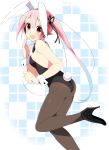  1girl animal_ears ass blush bunny_tail bunnysuit fake_animal_ears hair_ornament harusame_(kantai_collection) high_heels highres kantai_collection leotard long_hair looking_at_viewer pantyhose pink_eyes pink_hair rabbit_ears revision side_ponytail simple_background solo tail tears wara_(warapro) wrist_cuffs 