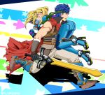  1boy 1girl arm_guards ass asymmetrical_clothes belt blonde_hair blue_eyes blue_hair blush boots cape carrying carrying_over_shoulder clenched_teeth directional_arrow fire_emblem fire_emblem:_akatsuki_no_megami gloves gun headband high_collar high_heels ike looking_back metroid nintendo pants payot ponytail ragnell rocket_boots running samus_aran skin_tight sleeveless super_smash_bros. sweatdrop sword weapon zero_suit 