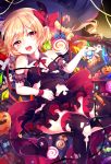  1girl :d alternate_costume black_legwear blonde_hair bow candy fang flandre_scarlet hair_bow hair_ribbon highres jack-o&#039;-lantern laevatein lollipop looking_at_viewer lying navel open_mouth paragasu_(parags112) red_eyes ribbon side_ponytail smile solo thigh-highs torn_clothes touhou wings zettai_ryouiki 