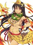  1girl black_hair bracelet breasts earrings fire jewelry leopard_print long_hair looking_at_viewer mmu navel_piercing necklace official_art pearl_necklace piercing polearm red_eyes smile snake solo tiara trident very_long_hair weapon 