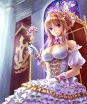  1girl banner blonde_hair braid breasts brooch cleavage detached_collar detached_sleeves dress gloves highres jewelry large_breasts long_hair looking_at_viewer original princess shironeko_yuuki sitting smile solo staff stained_glass throne tiara violet_eyes white_gloves 