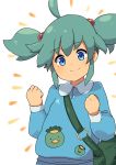  1girl absurdres bag blue_eyes child green_hair hands_clasped hands_up highres kappa kawashiro_nitori long_sleeves looking_at_viewer no_hat no_headwear omotin shirt short_hair shoulder_bag smile solo sticker touhou two_side_up 