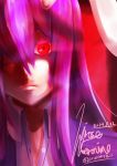  1girl 2014 animal_ears artist_name close-up collared_shirt dated face glaring glowing glowing_eyes hair_over_one_eye highres hirose_geronimo long_hair portrait purple_hair rabbit_ears red_background red_eyes reisen_udongein_inaba signature solo touhou twitter_username unbuttoned 