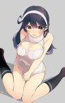  1girl ahoge bangs bare_shoulders black_hair black_legwear blush breasts brown_eyes cleavage cleavage_cutout clothes_tug dress from_above headband highres kantai_collection kneehighs large_breasts long_hair looking_up open-chest_sweater open_mouth ribbed_sweater sitting solo sweater sweater_dress sweater_tug swept_bangs tbd11 turtleneck ushio_(kantai_collection) wariza 