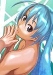  1girl aqua_hair bare_back bare_shoulders black_eyes hands_together hatsune_miku long_hair looking_back smile solo soon tattoo twintails vocaloid 
