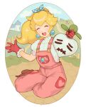  1girl alternate_costume alternate_hairstyle blonde_hair closed_eyes crown earrings farm farmer gloves highres jewelry jivke kneeling looking_at_viewer super_mario_bros. overalls ponytail princess_peach stitched_face stitched_mouth stitches super_mario_bros. super_smash_bros. turnip 
