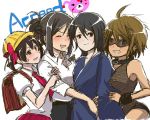  4girls backpack bag black_hair breasts brown_hair collar genderswap grin gyakutai_ojisan hair_bun hair_ribbon hat hide_(acceed) hirano_gengorou holding_arm japanese_clothes junchi kubo_taito_(acceed) looking_at_another looking_at_viewer multiple_girls randoseru ribbon saliva short_hair simple_background smile sunglasses 