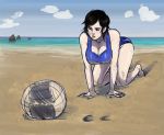  1girl all_fours ball barefoot beach black_hair breasts brown_eyes cleavage dirty_face downblouse kazama_asuka large_breasts one_eye_closed penelope_and_me short_hair solo sweat swimsuit tankini tekken volleyball 