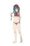  1girl bare_legs bare_shoulders barefoot bikini bikini_bottom bikini_top bow breasts frilled_bikini frills front_ponytail green_eyes green_hair hair_bow hair_ribbon kagiyama_hina lips lipstick looking_at_viewer makeup midriff mound_of_venus navel red_bikini ribbon simple_background solo swimsuit touhou white_background zimajiang 