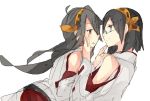  2girls bare_shoulders black_hair brown_hair detached_sleeves face-to-face green-framed_glasses haruna_(kantai_collection) kantai_collection kirishima_(kantai_collection) long_hair multiple_girls nontraditional_miko r_left short_hair sketch 