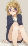  1girl arm_support blazer blush brown_hair glasses koizumi_hanayo love_live!_school_idol_project pencil_skirt red-framed_glasses semi-rimless_glasses shigure_ui short_hair sitting sketch skirt solo under-rim_glasses violet_eyes 