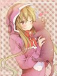  1girl blush cat green_hair heart hoodie kagerou_project kido_tsubomi long_hair march-bunny one_eye_closed smile solo 