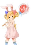  animal_ears blonde_hair braid candy child dress highres lollipop long_hair original oversized_object rabbit_ears ribbon tail thigh-highs twin_braids twintails yellow_eyes 