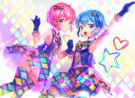  1boy 1girl a_k_o arm_up bare_shoulders blue_eyes blue_hair blush bow brother_and_sister checkered checkered_legwear dorothy_west dress gloves hair_bow hands_together highres leona_west looking_at_viewer mole mole_under_eye open_mouth pink_eyes pink_hair puri_para short_hair siblings sleeveless smile thighhighs trap 