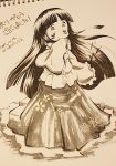 1girl dated houraisan_kaguya jeweled_branch_of_hourai karaagetarou long_skirt monochrome photo signature sketch skirt tagme touhou traditional_media