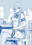  1girl :o alternate_costume aoki_hagane_no_arpeggio arpeggio_of_blue_steel blush bow chair crossed_legs glasses highres long_hair looking_at_viewer luzi mole monochrome open_mouth short_sleeves signature sitting sketch skirt solo takao_(aoki_hagane_no_arpeggio) thigh-highs uniform very_long_hair 