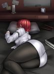  1girl armband ass ayakumo clock cordless_phone drumsticks ears envelope horikawa_raiko leggings lying phone pillow redhead sleeping touhou window 