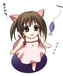  blush bow brown_hair cat_ears dress fish flat_chest loli lowres nekomimi red_eyes short_hair translated twintails 
