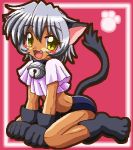   :3 amber_eyes bell blush collar dark_skint fang gloves grey_hair midriff nekomimi shorts silver_hair tanned_skin  