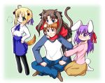  1boy 3girls ahoge artoria_pendragon_(all) blonde_hair blouse blue_eyes blush bow braid brown_eyes brown_hair bunny_ears cat_ears chibi dog_ears dog_tail emiya_shirou fang fate/stay_night fate/stay_night_unlimited_blade_works fate_(series) fsn green_eyes heaven&#039;s_feel inumimi long_hair love matou_sakura nekomimi pantyhose plait purple_eyes purple_hair raglan_sleeves ribbon rin_tohsaka saber sakura_matou short_hair skirt tail tears thigh_highs tohsaka_rin toosaka_rin twintails type-moon type_moon usagimimi violet_eyes white_shirt 