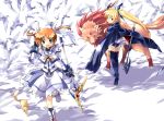  bardiche bird blonde_hair boots brown_hair cape dog dress fate_testarossa ferret kouno_hikaru mahou_shoujo_lyrical_nanoha mahou_shoujo_lyrical_nanoha_the_movie_1st purple_eyes raising_heart red_eyes skirt staff takamachi_nanoha thigh_boots thighhighs twintails yuuno_scrya 