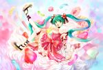  1girl angel_wings angelic!_(vocaloid) aqua_eyes aqua_hair cake candy checkerboard_cookie chocolate cookie cream crown dress elbow_gloves food food_themed_clothes frills fruit gloves hair_ribbon hatsune_miku jelly_bean long_hair onei-akira pastry platform_footwear pocky ribbon shoes solo strawberry thighhighs twintails very_long_hair vocaloid wings 