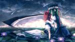  flower green_hair highres kieta long_hair multiple_girls onozuka_komachi red_hair redhead scythe shikieiki_yamaxanadu sky touhou twintails water weapon 