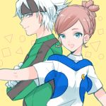  1boy 1girl crossed_arms gloves goalkeeper headband ibuki_munemasa idomajin inazuma_eleven_(series) inazuma_eleven_go inazuma_eleven_go_galaxy lightning_bolt nozaki_sakura open_mouth shinsei_inazuma_japan soccer_uniform white_hair 