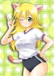  ahoge blonde_hair bloomers green_eyes long_hair nekomimi pe_uniform sports sports_uniform uniform 